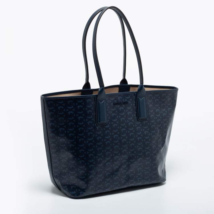 Pre Owned Michael Kors Navy Blue Signature Coated Canvas and Leather Large Jodie Tote