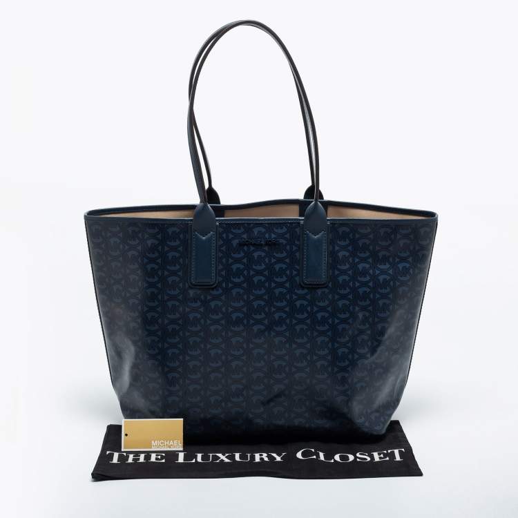 Pre Owned Michael Kors Navy Blue Signature Coated Canvas and Leather Large Jodie Tote