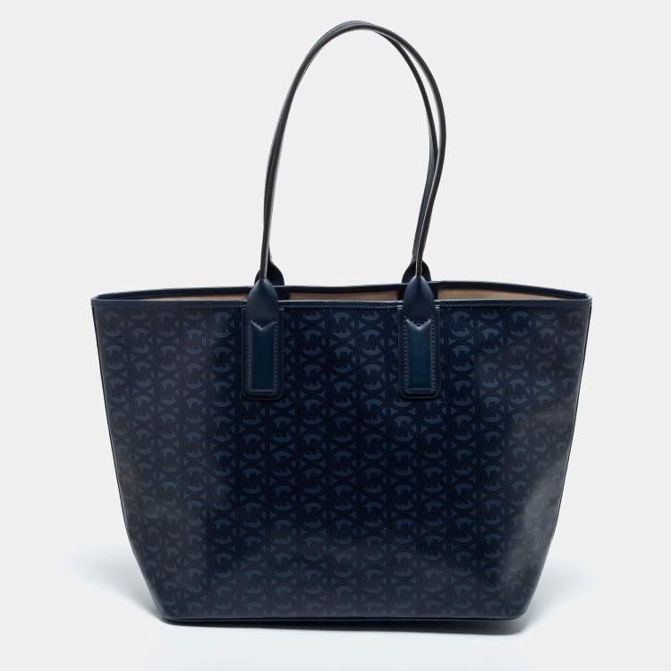 Pre Owned Michael Kors Navy Blue Signature Coated Canvas and Leather Large Jodie Tote