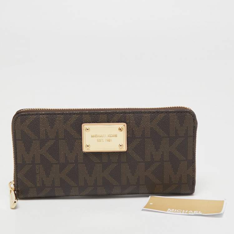 Pre Owned MICHAEL Michael Kors Brown Signature Coated Canvas Zip Around Wallet