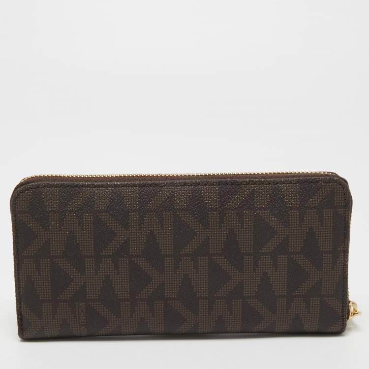 Pre Owned MICHAEL Michael Kors Brown Signature Coated Canvas Zip Around Wallet