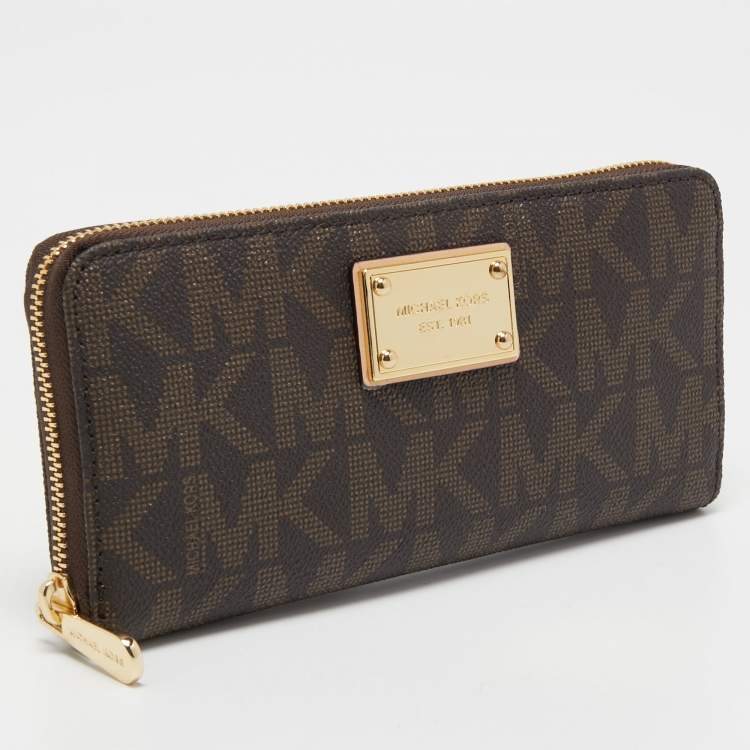 Pre Owned MICHAEL Michael Kors Brown Signature Coated Canvas Zip Around Wallet