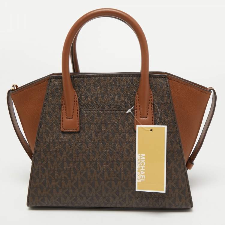 Pre Owned Michael Kors Brown/Tan Signature Canvas and Leather Small Avril Satchel