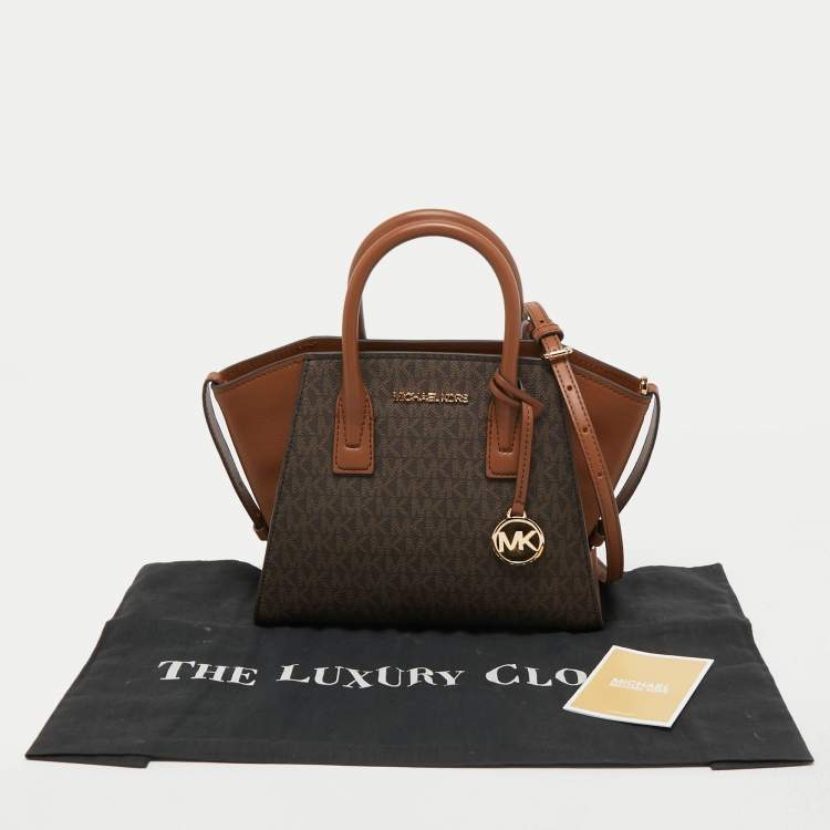 Pre Owned Michael Kors Brown/Tan Signature Canvas and Leather Small Avril Satchel
