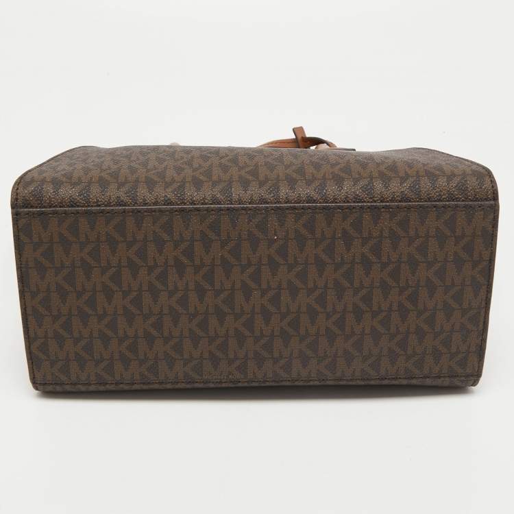 Pre Owned Michael Kors Brown/Tan Signature Canvas and Leather Small Avril Satchel