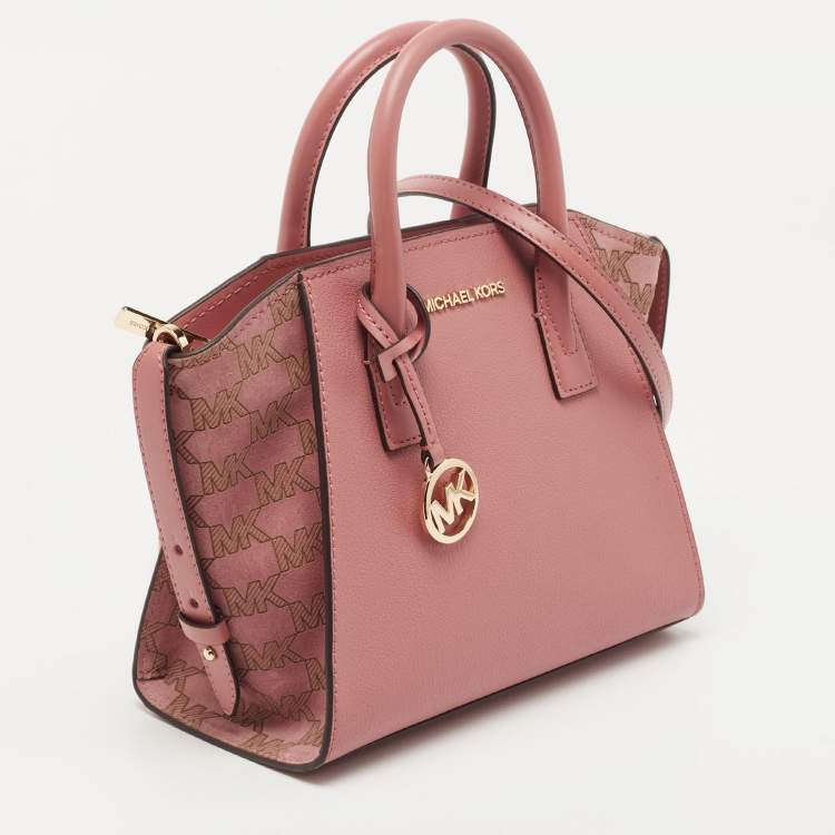 Pre Owned Michael Kors Pink Signature Leather and Suede Small Avril Satchel