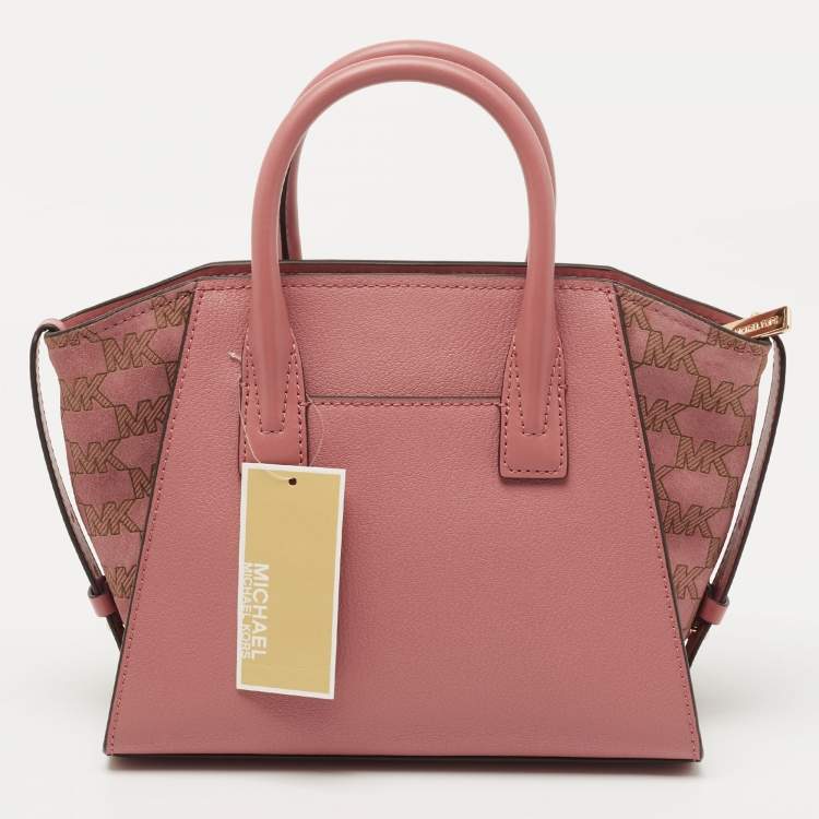 Pre Owned Michael Kors Pink Signature Leather and Suede Small Avril Satchel