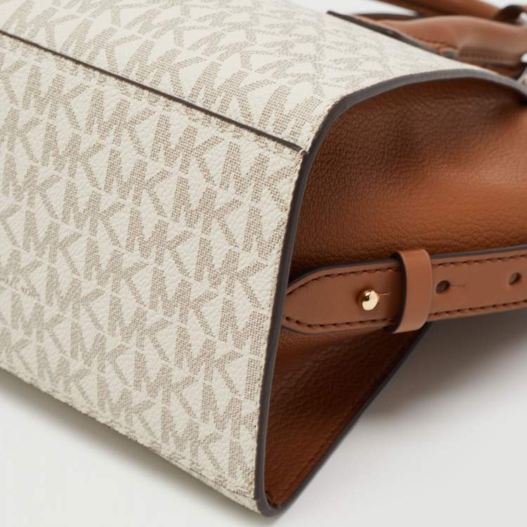 Pre Owned Michael Kors Brown/Off White Signature Coated Canvas and Leather Avril Satchel