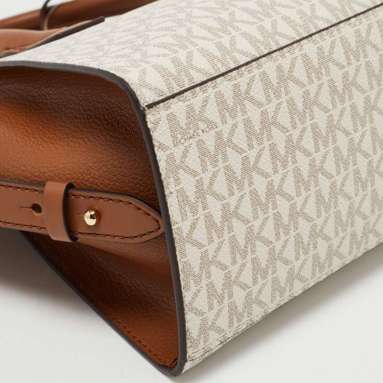 Pre Owned Michael Kors Brown/Off White Signature Coated Canvas and Leather Avril Satchel