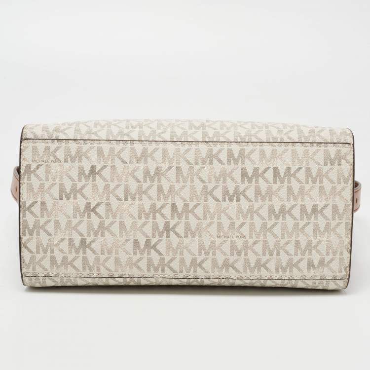 Pre Owned Michael Kors Brown/Off White Signature Coated Canvas and Leather Avril Satchel