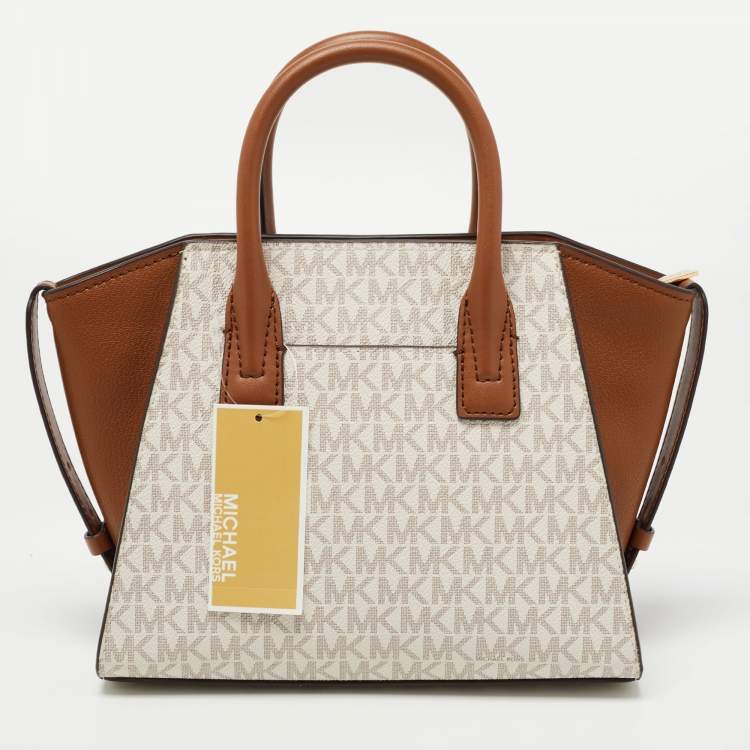 Pre Owned Michael Kors Brown/Off White Signature Coated Canvas and Leather Avril Satchel
