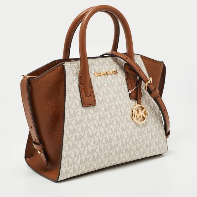 Pre Owned Michael Kors Brown/Off White Signature Coated Canvas and Leather Avril Satchel