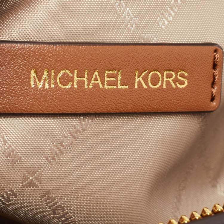 Pre Owned Michael Kors Brown/Off White Signature Coated Canvas and Leather Avril Satchel