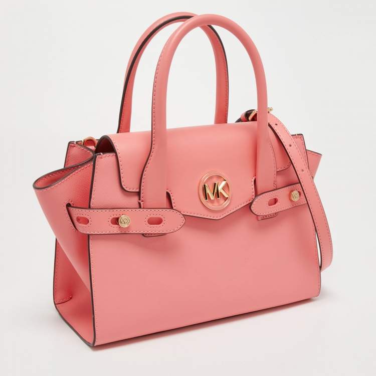 Pre Owned Michael Kors Pink Faux Leather Medium Carmen Belted Flap Satchel