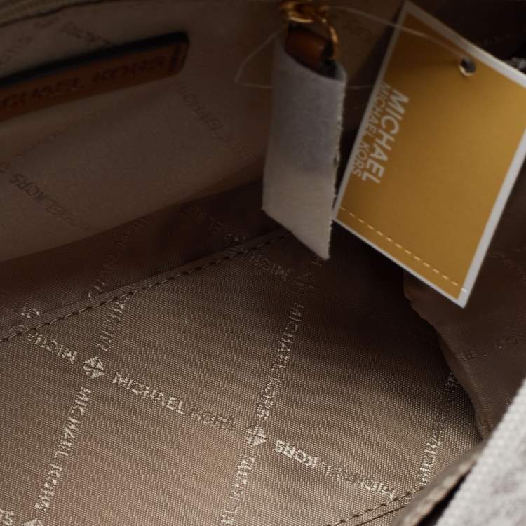 Pre Owned Michael Kors Brown/Beige Logo Jacquard Fabric and Faux Leather Small Mirella Tote