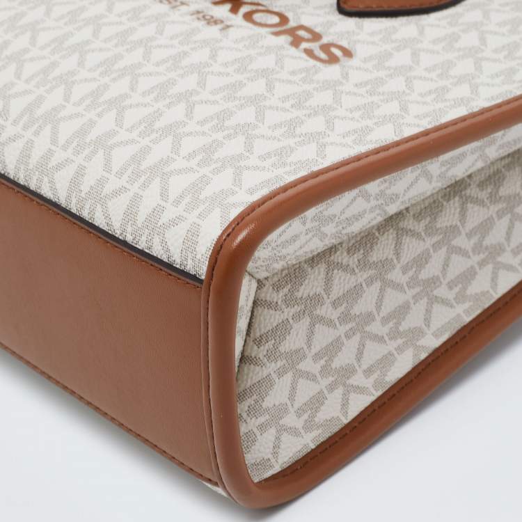 Pre Owned Michael Kors Brown/Beige Logo Jacquard Fabric and Faux Leather Small Mirella Tote