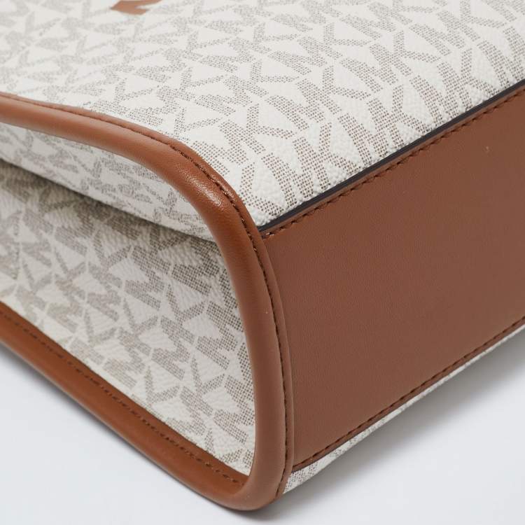 Pre Owned Michael Kors Brown/Beige Logo Jacquard Fabric and Faux Leather Small Mirella Tote