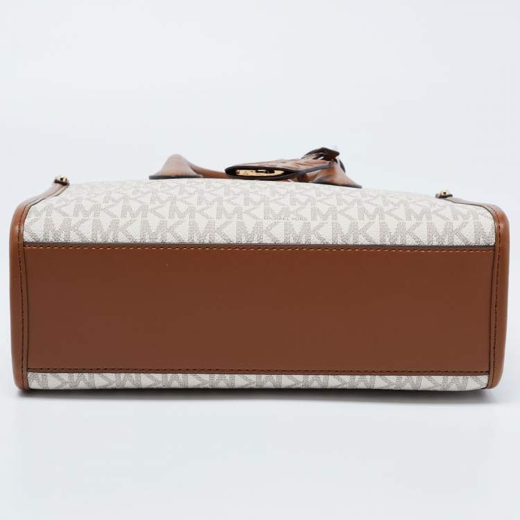 Pre Owned Michael Kors Brown/Beige Logo Jacquard Fabric and Faux Leather Small Mirella Tote