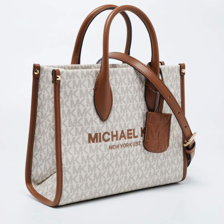 Pre Owned Michael Kors Brown/Beige Logo Jacquard Fabric and Faux Leather Small Mirella Tote