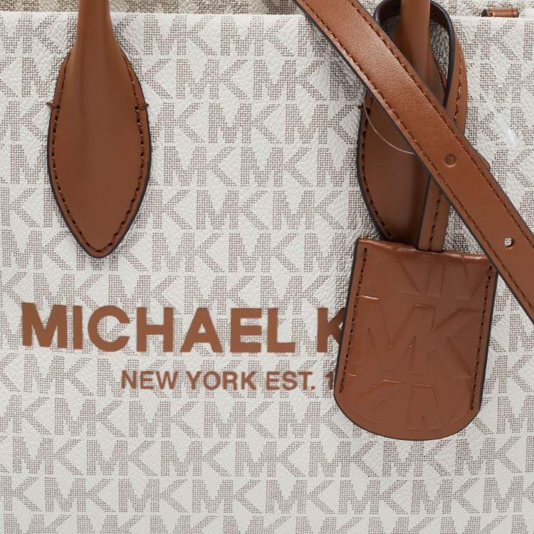 Pre Owned Michael Kors Brown/Beige Logo Jacquard Fabric and Faux Leather Small Mirella Tote