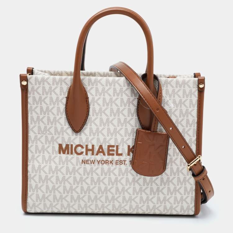 Michael Kors Brown/Beige Logo Jacquard Fabric and Faux Leather Small Mirella  Tote Michael Kors