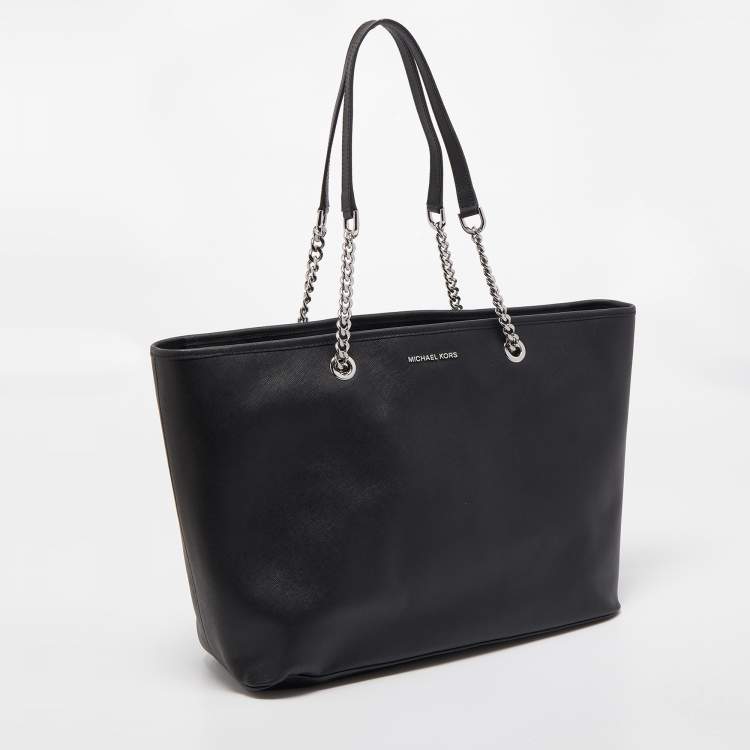 Pre Owned Michael Kors Black Leather Medium Jet Set Travel Chain Tote