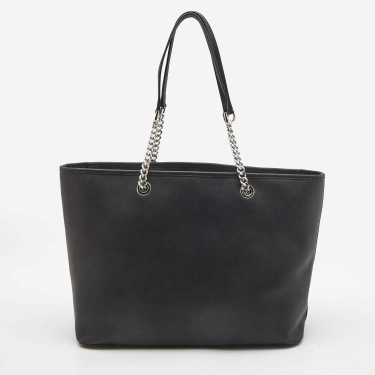 Pre Owned Michael Kors Black Leather Medium Jet Set Travel Chain Tote