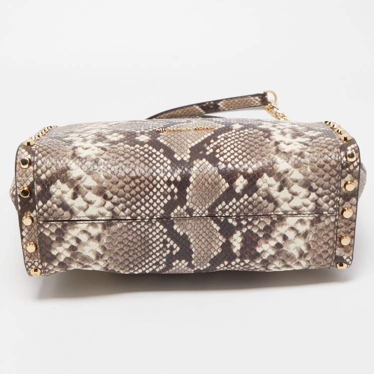 Pre Owned Michael Kors Beige Python Embossed Leather Medium Newbury Tote