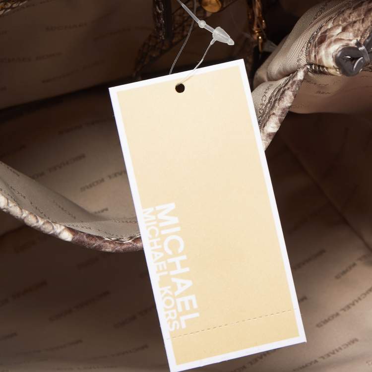 Pre Owned Michael Kors Beige Python Embossed Leather Medium Newbury Tote