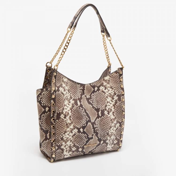 Pre Owned Michael Kors Beige Python Embossed Leather Medium Newbury Tote