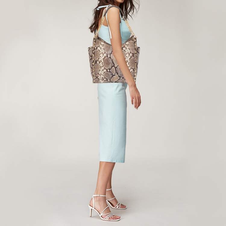 Pre Owned Michael Kors Beige Python Embossed Leather Medium Newbury Tote