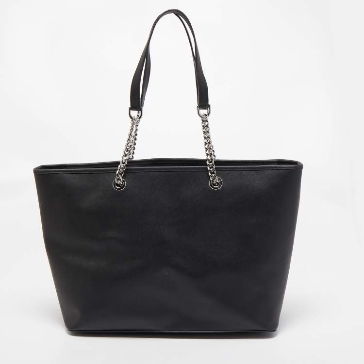 Pre Owned Michael Kors Black Leather Medium Jet Set Travel Chain Tote