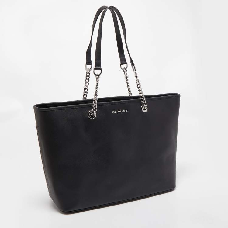 Pre Owned Michael Kors Black Leather Medium Jet Set Travel Chain Tote