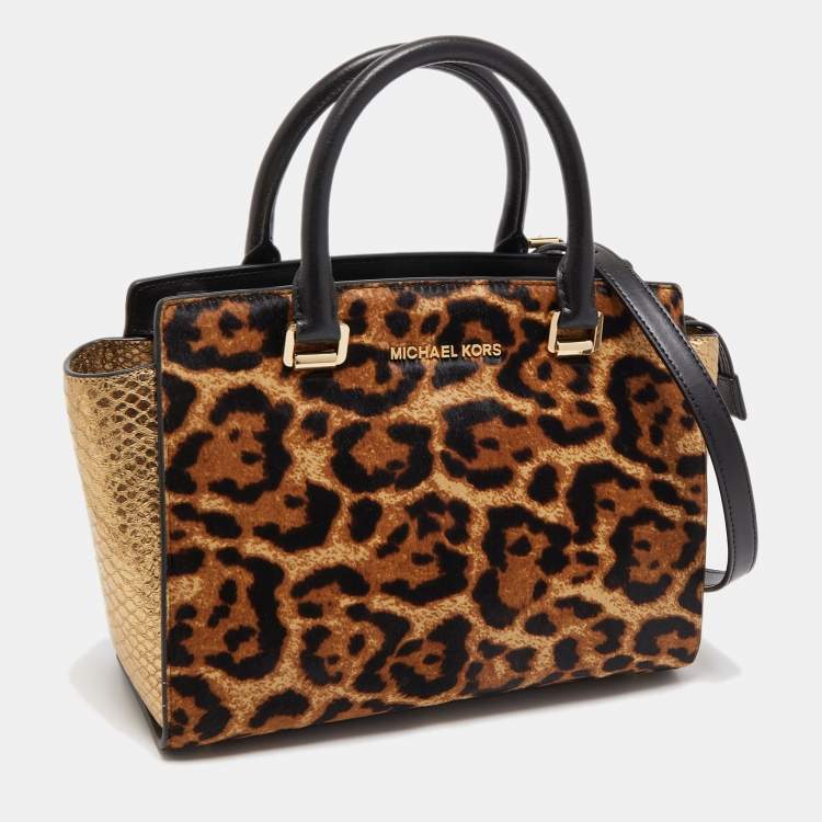 Pre Owned Michael Kors Multicolor Leopard Calf Hair and Python Effect Medium Selma Satchel