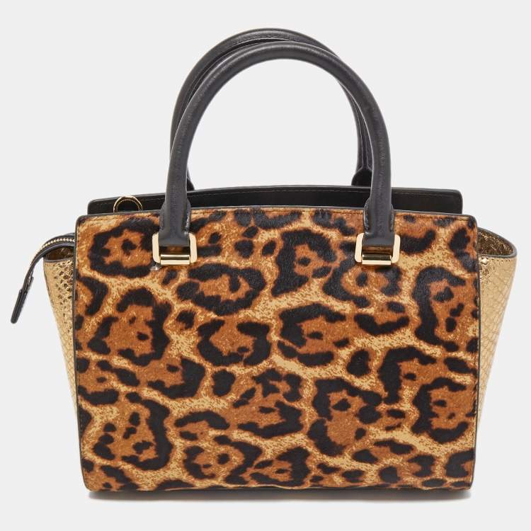 Pre Owned Michael Kors Multicolor Leopard Calf Hair and Python Effect Medium Selma Satchel