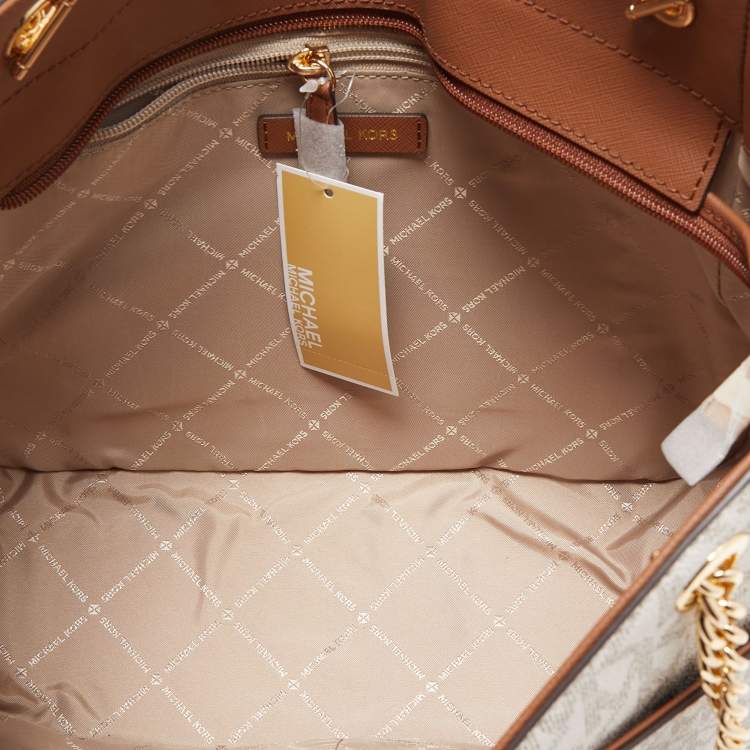 Pre Owned Michael Kors Off White Signature Coated Canvas Large Jet Set Chain Tote