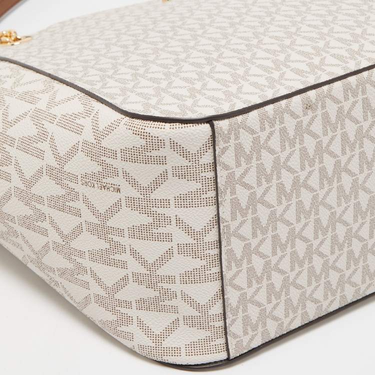 Pre Owned Michael Kors Off White Signature Coated Canvas Large Jet Set Chain Tote