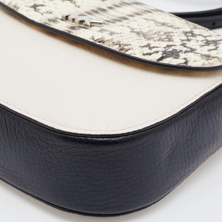 Pre Owned Michael Kors Cream/Black Leather and Python Effect Leather Half Dome Crossbody Bag 