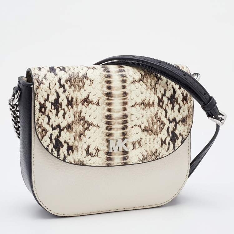 Pre Owned Michael Kors Cream/Black Leather and Python Effect Leather Half Dome Crossbody Bag 