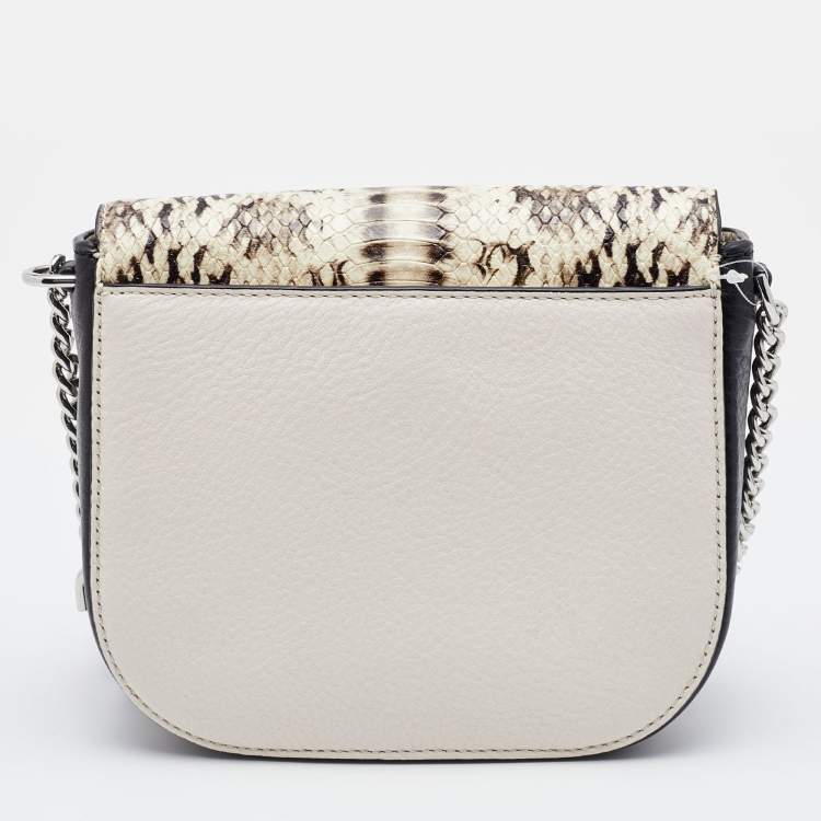 Pre Owned Michael Kors Cream/Black Leather and Python Effect Leather Half Dome Crossbody Bag 