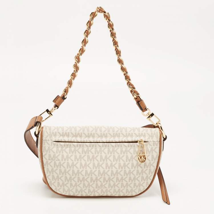 Pre Owned Michael Kors White Signature Coated Canvas Slater Extra-Small Logo Sling Bag