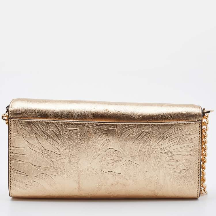 Pre Owned Michael Kors Gold Floral Embossed Leather Karla Clutch Bag