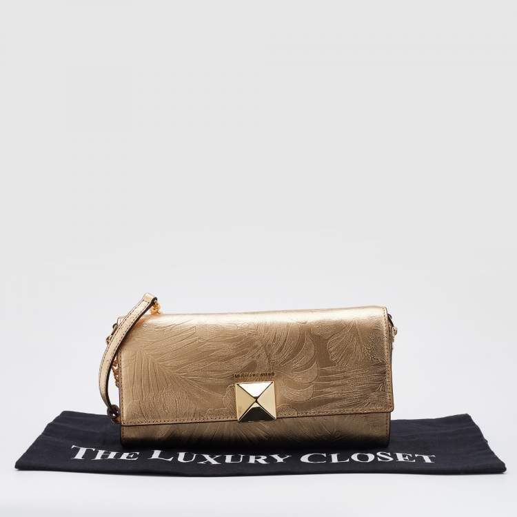 Pre Owned Michael Kors Gold Floral Embossed Leather Karla Clutch Bag