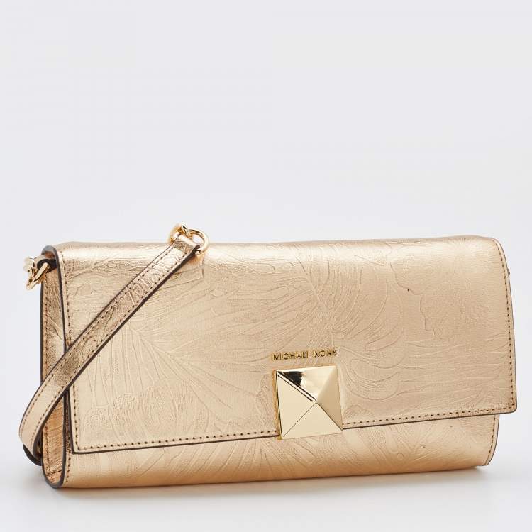 Pre Owned Michael Kors Gold Floral Embossed Leather Karla Clutch Bag