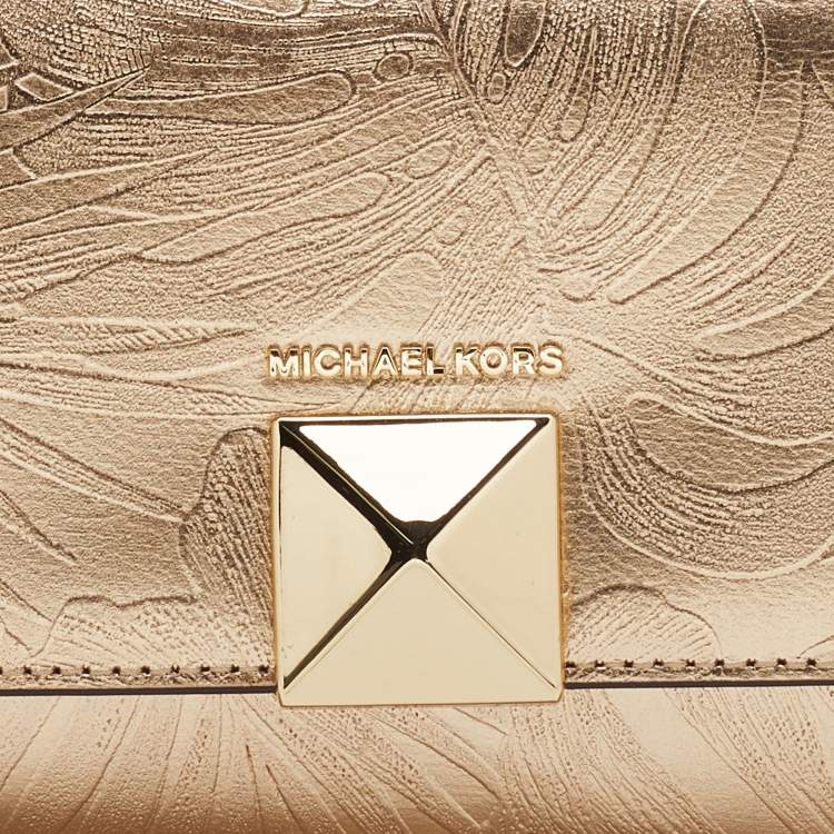 Pre Owned Michael Kors Gold Floral Embossed Leather Karla Clutch Bag