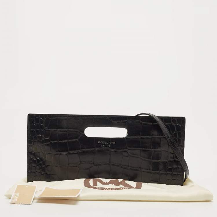 Pre Owned Michael Kors Black Croc Embossed Leather Tilda Clutch