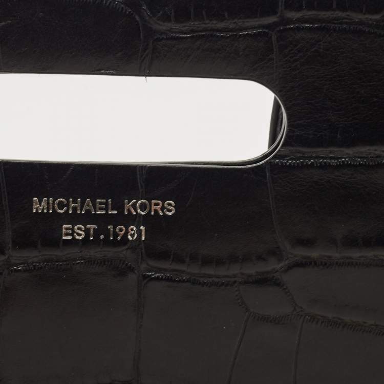Pre Owned Michael Kors Black Croc Embossed Leather Tilda Clutch