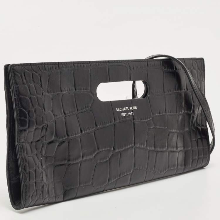 Pre Owned Michael Kors Black Croc Embossed Leather Tilda Clutch