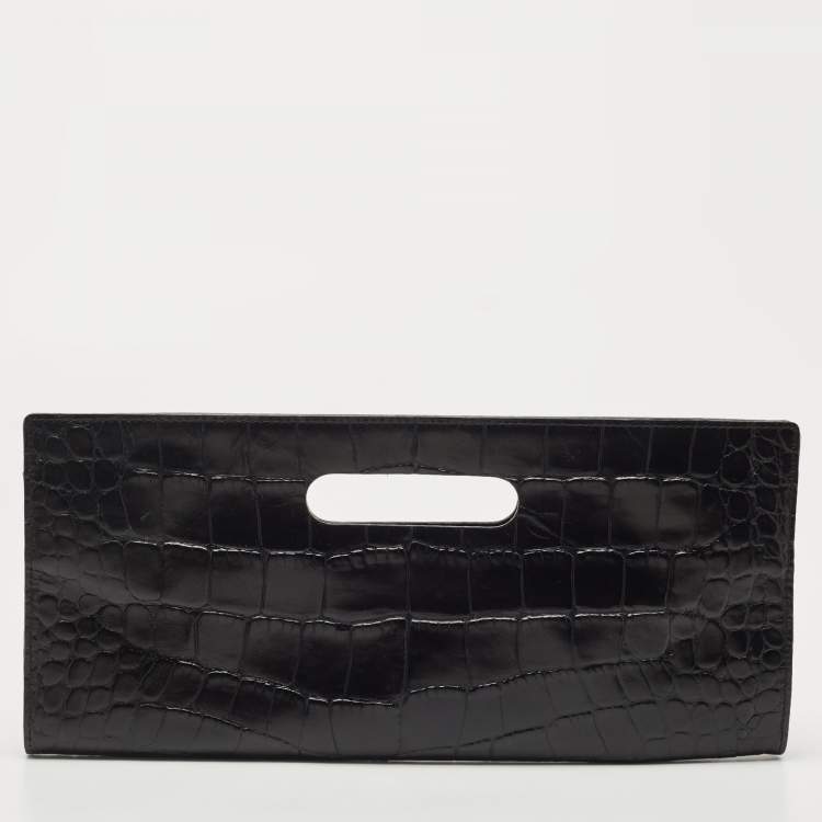 Pre Owned Michael Kors Black Croc Embossed Leather Tilda Clutch