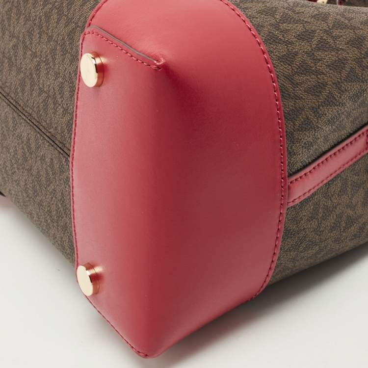 Pre Owned Michael Kors Magenta/Dark Brown Signature Coated Canvas and Leather Small Mercer Bucket Bag 